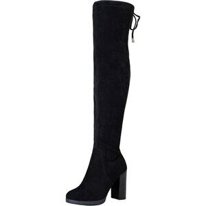 Women's Black-imitation Grain Suede Thigh High Over The Knee Rounded Toe Boot